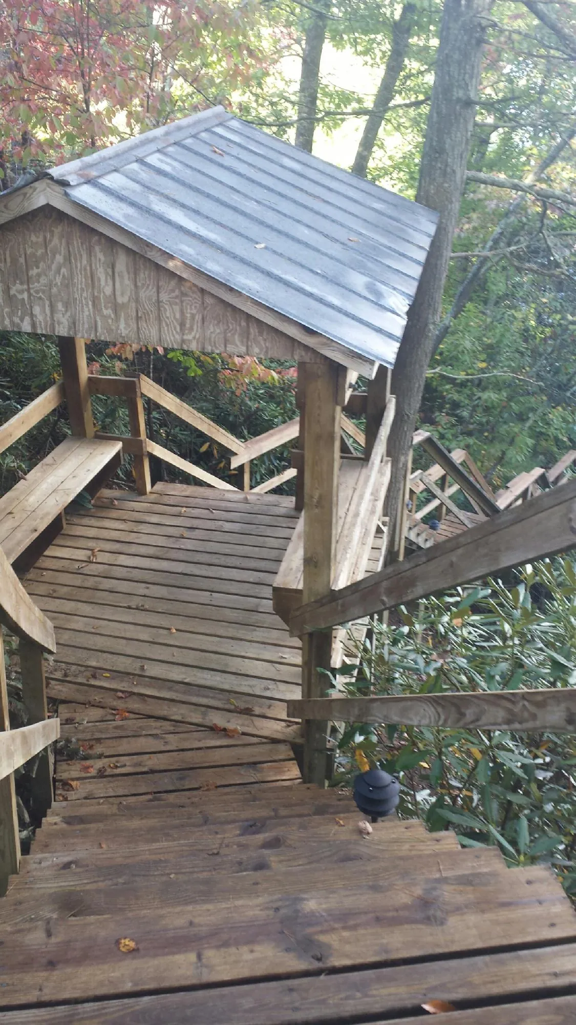 Metal roofed shelter over wooden steps on a wooded walkway — Skylight Repair & Installation work by our crew in Belmond